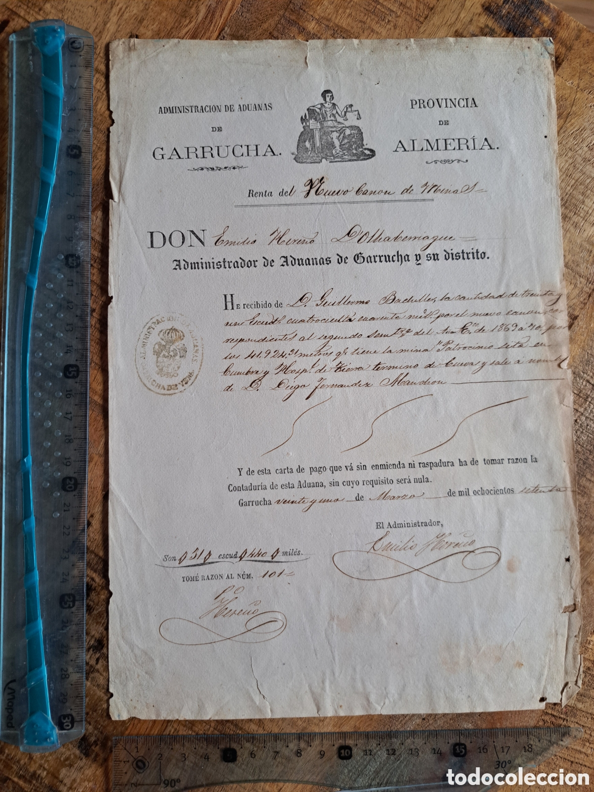 Cartas comerciales: Jml Documento Administraci&oacute;n Aduanas De Garrucha, canon Sierra Almagrera, Cuevas Almeria. Minas 1870