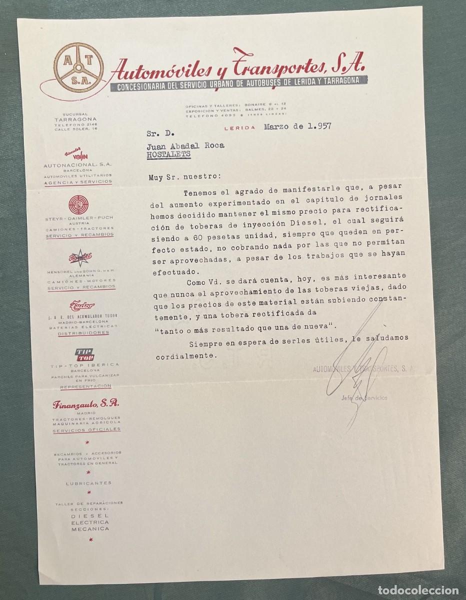 Cartas comerciales: AUTOM&Oacute;VILES Y TRANSPORTES SA Carta comercial 1957