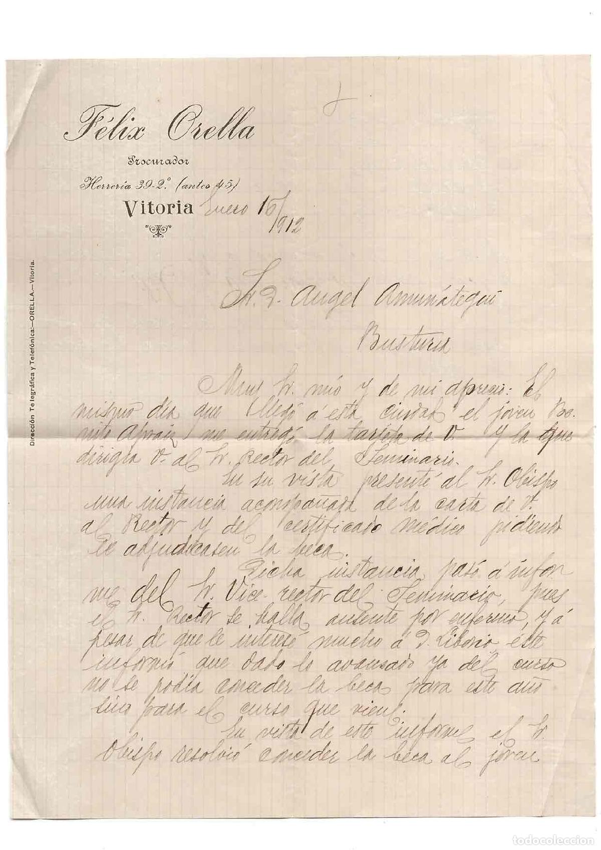 Cartas comerciales: CARTA PROCURADOR FELIX ORELLA. VITORIA, A&Ntilde;O 1912