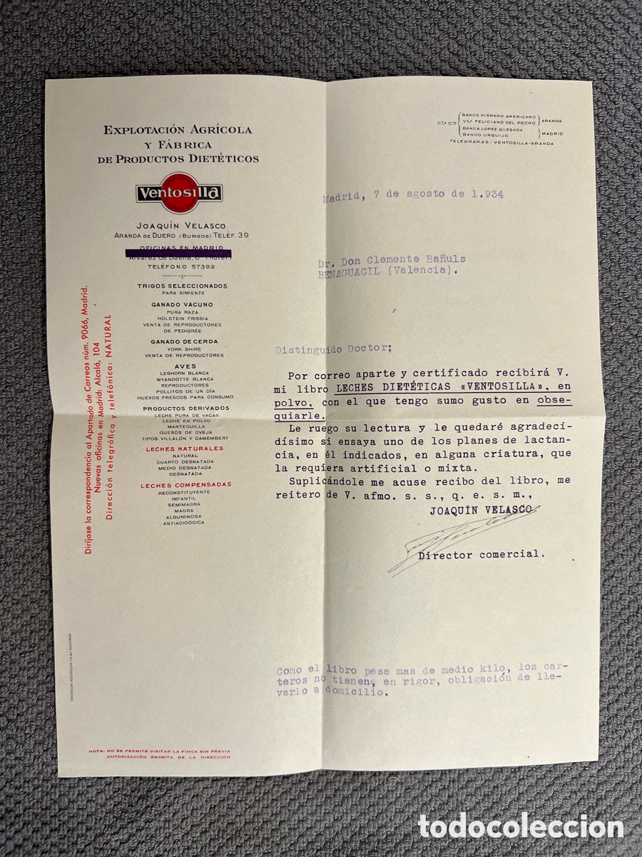 Cartas comerciales: BENAGUACIL al Dr. D. Clemente Ba&ntilde;uls.. Circular VENTOSILLA. EXPLOTACI&Oacute;N AGRICOLA Y F&Aacute;BRICA (a.1934)