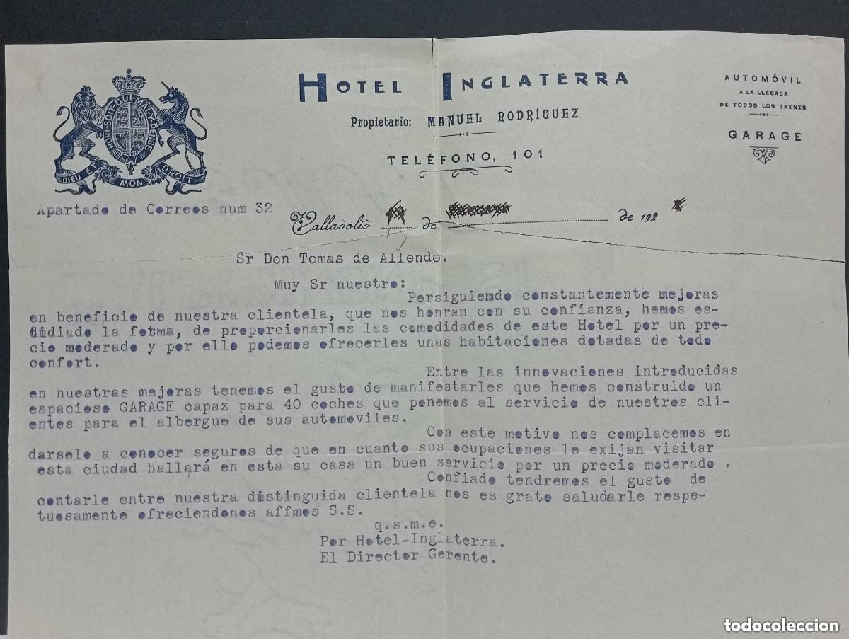 Cartas comerciales: HOTEL INGLATERRA. PROPIETARIO MANUEL RODRIGUEZ. VALLADOLID A&Ntilde;OS 20. CONSTRUCCI&Oacute;N GARAGE PARA COCHES