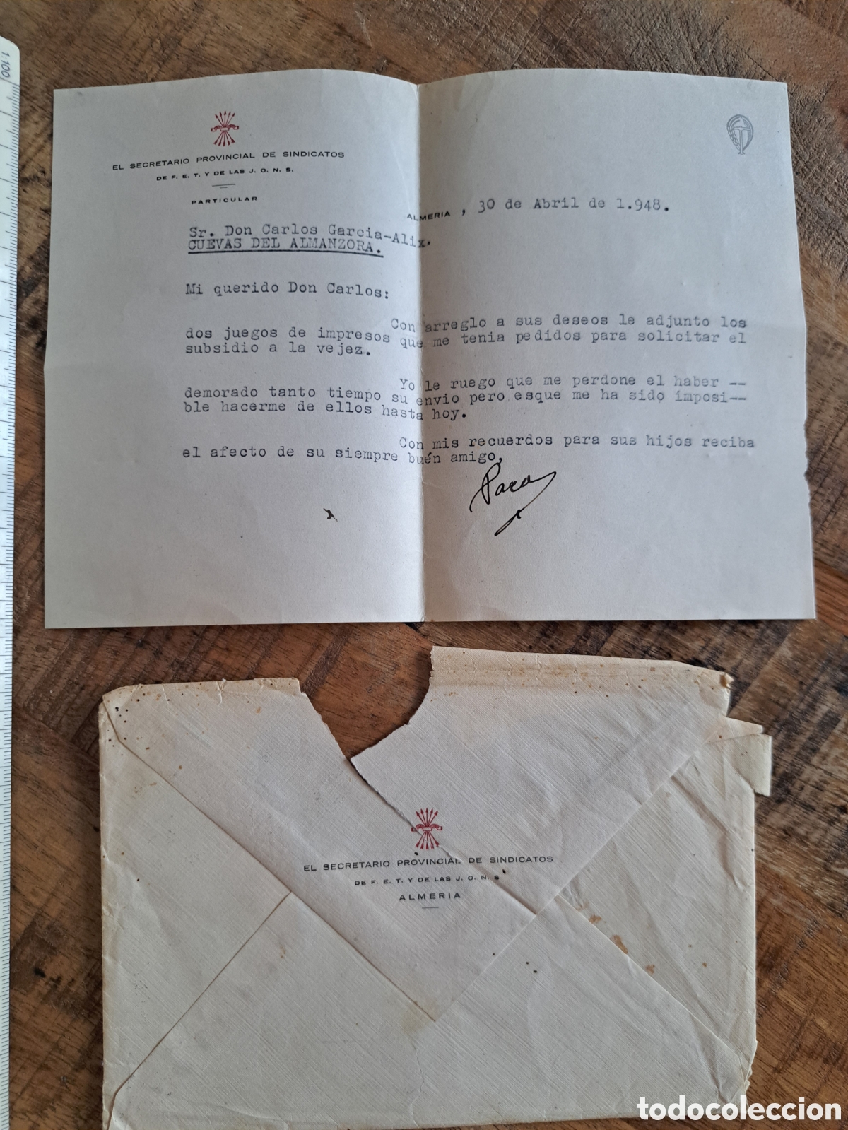 Cartas comerciales: Jml Carta Subsidio Vejez, Franquismo, Secretario prov Sindicatos, FET y JONS, Cuevas Almeria 1950.