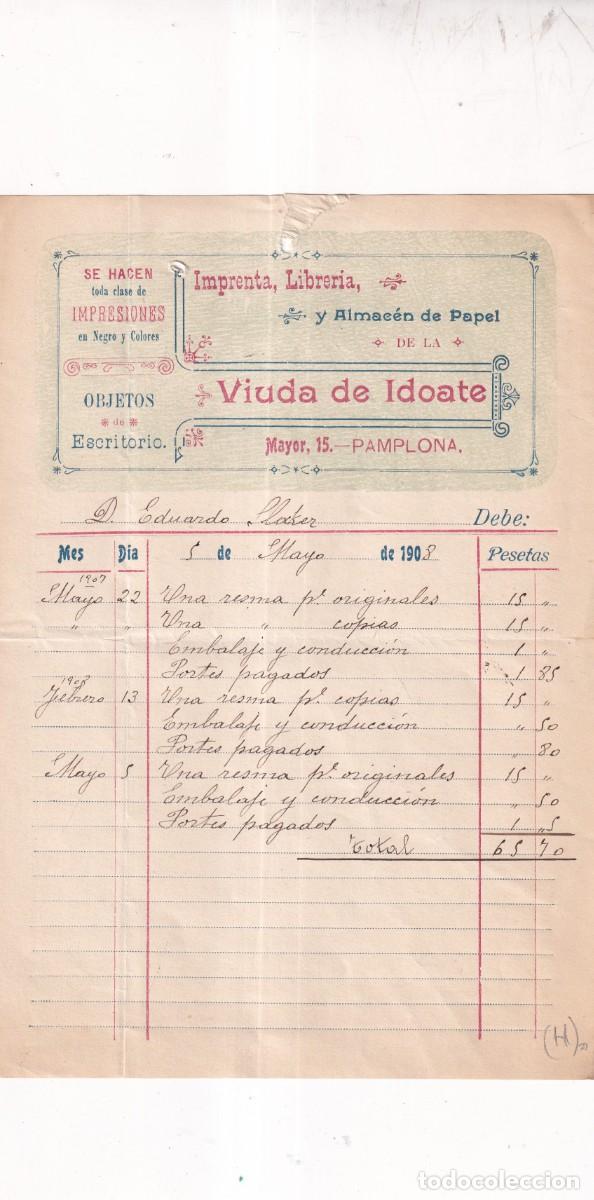 Cartas comerciales: Imprenta, librer&iacute;a. Viuda de Idoate. Objetos de escritorio. Pamplona. Navarra. 1908