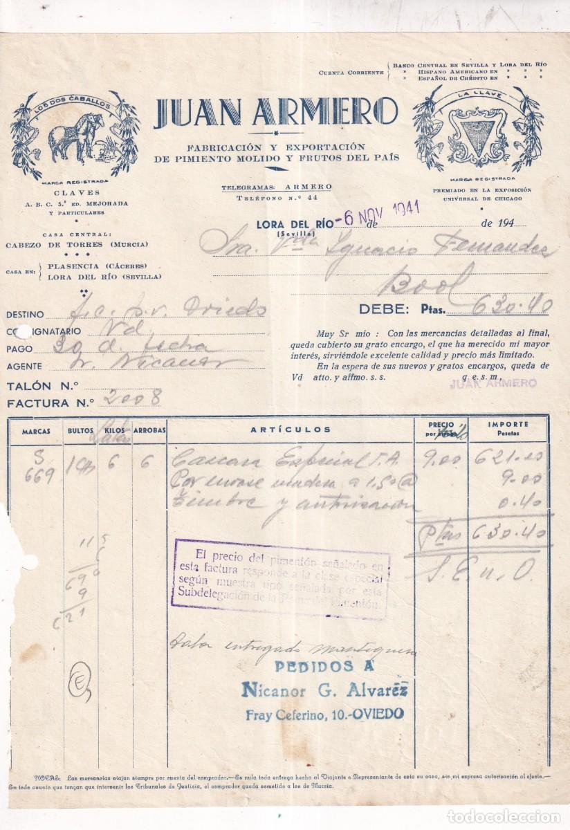Cartas comerciales: Juan Armero. Fabricaci&oacute;n y exportaci&oacute;n de pimiento molidos. Lora de R&iacute;o. Sevilla 1941