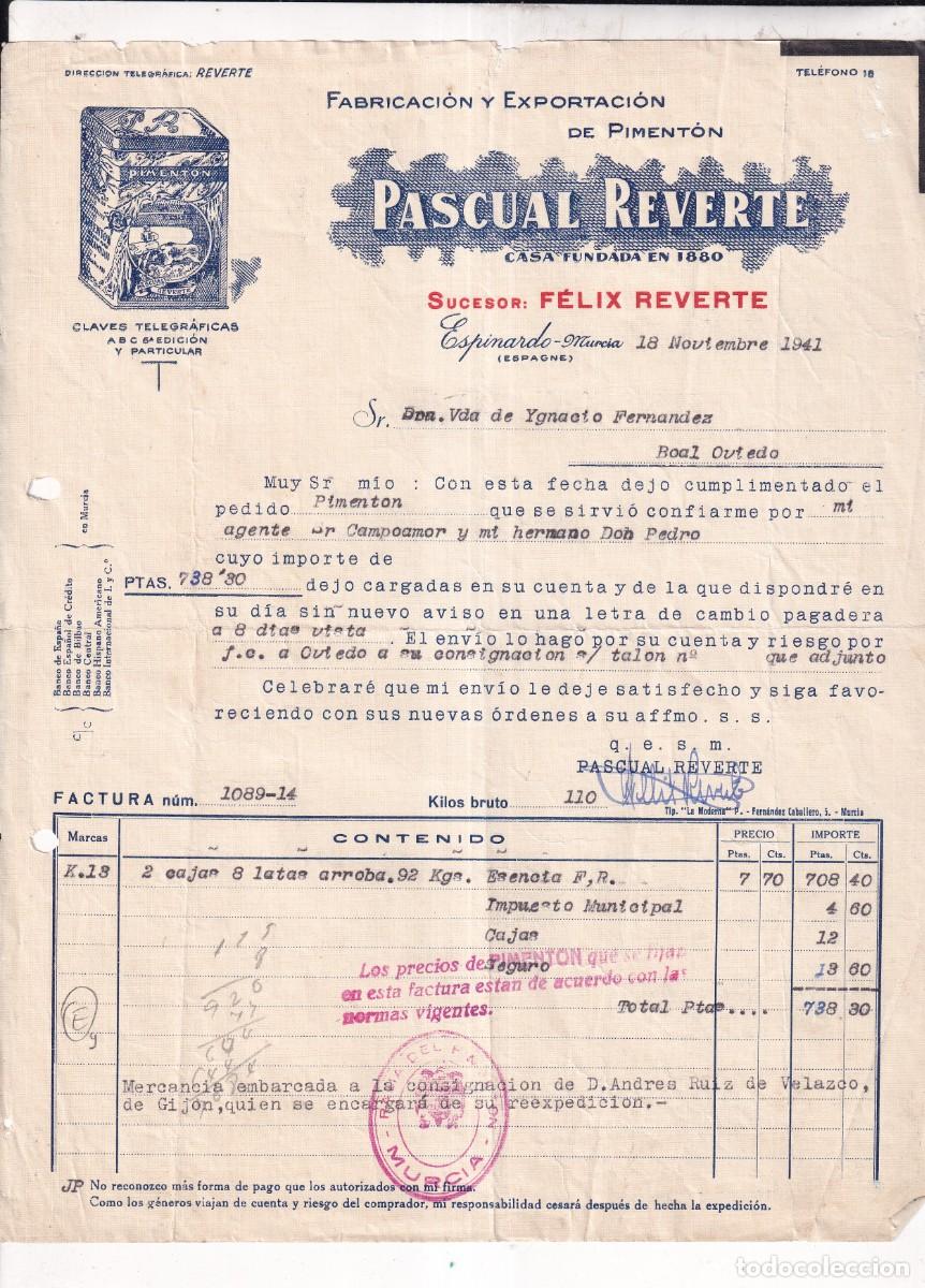 Cartas comerciales: Pascual Reverte. Fabricaci&oacute;n y exportaci&oacute;n de piment&oacute;n. Sucesor de Felix. 1941 Espinardo. Murcia.