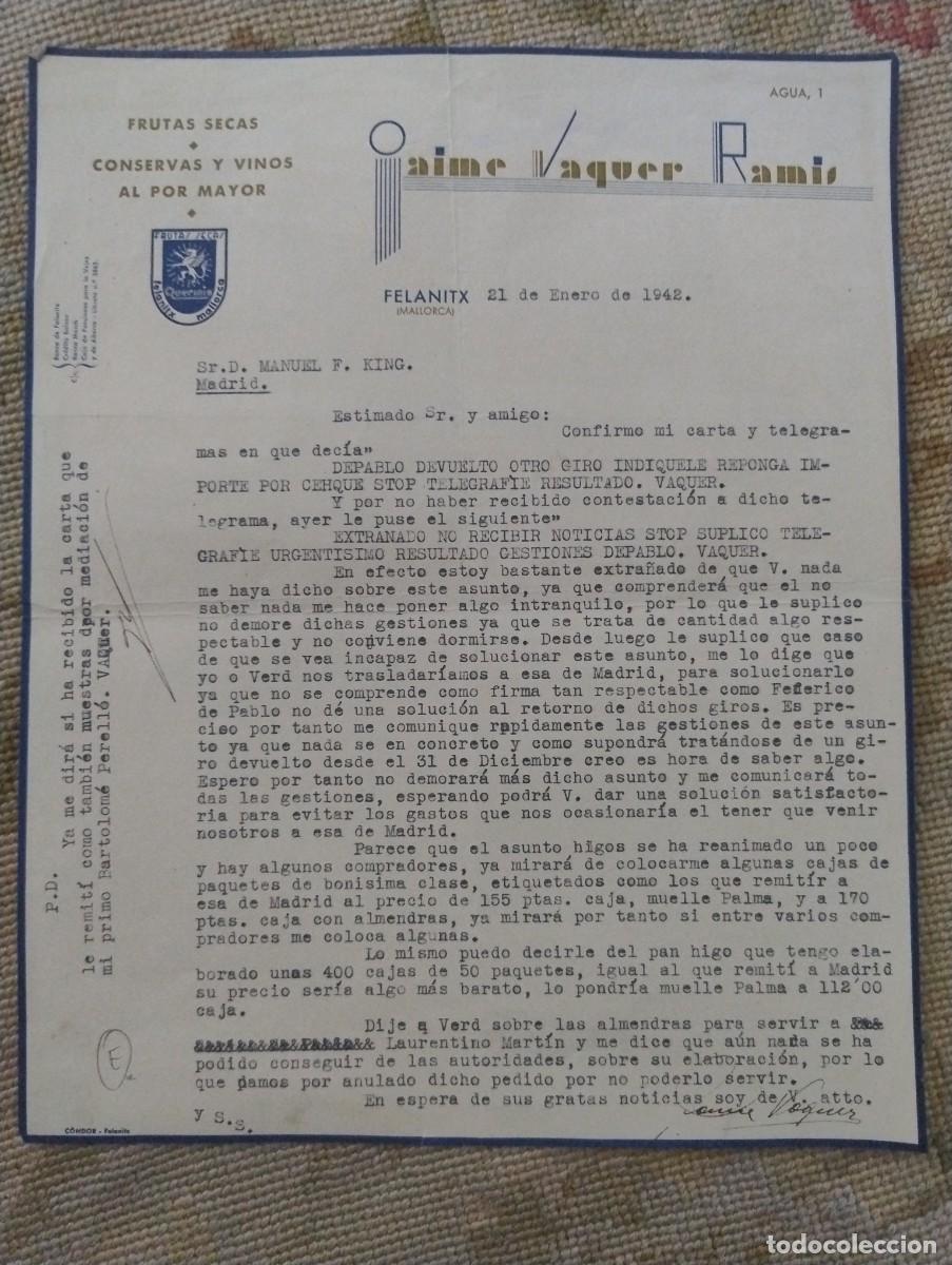 Cartas comerciales: Jaime Vaquero Ramis. Frutas secas, conservas, vinos. Felanitx Mallorca