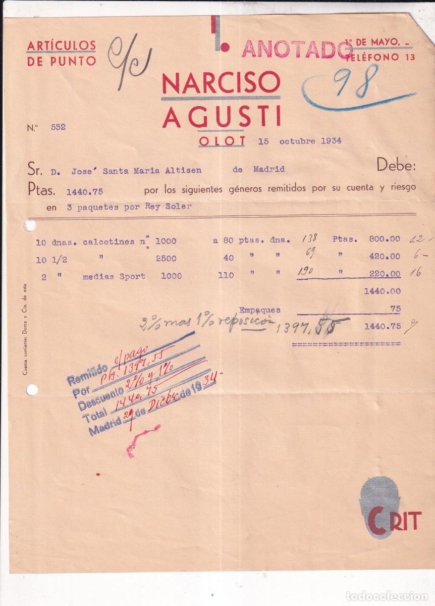 Cartas comerciales: Narciso Agusti Olot. Art&iacute;culos de punto. 1934