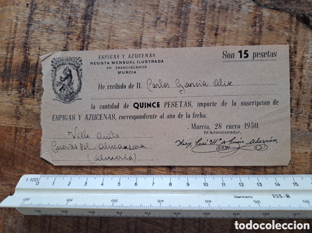 Cartas comerciales: Jml Documento Espigas y Azucenas, Revista mensual ilustrada, Cuevas, Murcia 1950. Raro. Ver fotos.