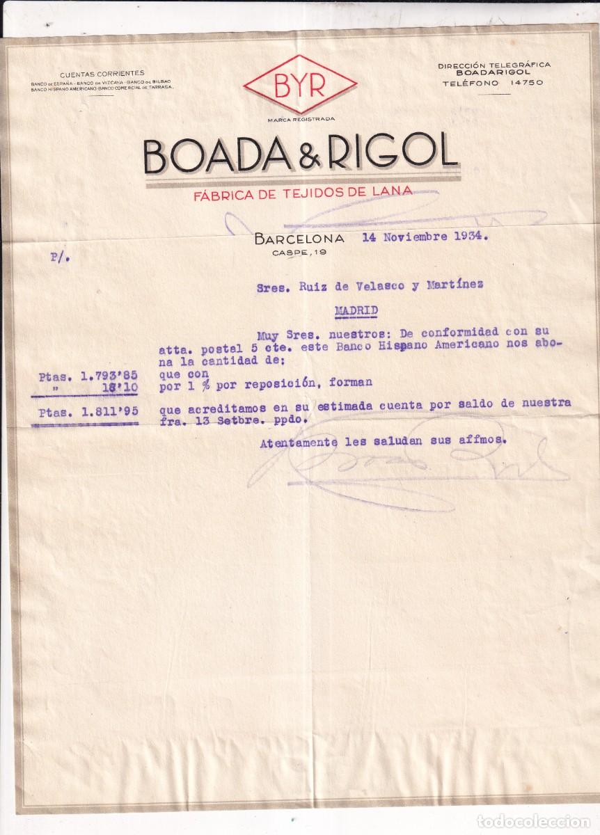 Cartas comerciales: Boada & Rigol. F&aacute;brica de tejidos de lana. Barcelona.