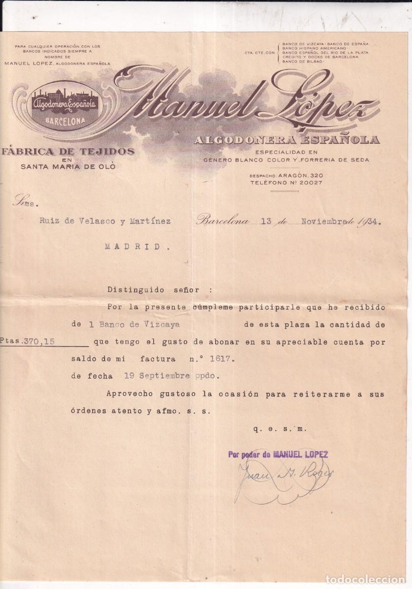 Cartas comerciales: Manuel Lopez. Algodoner&iacute;a espa&ntilde;ola. F&aacute;brica de tejidos en Santa Mar&iacute;a de Ol&oacute;. Barcelona.