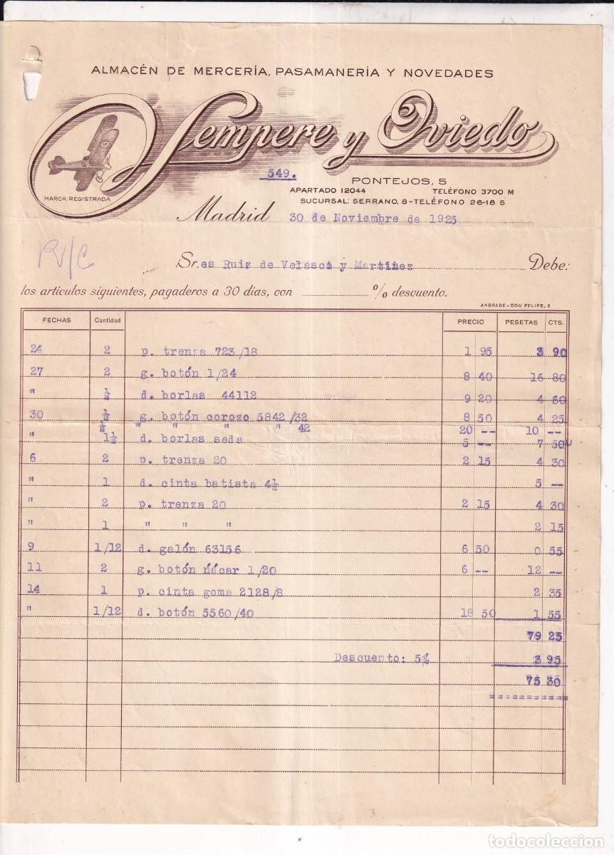 Cartas comerciales: Publicidad. Merceria. Sempere y Oviedo. Pontejos Madrid. 1925