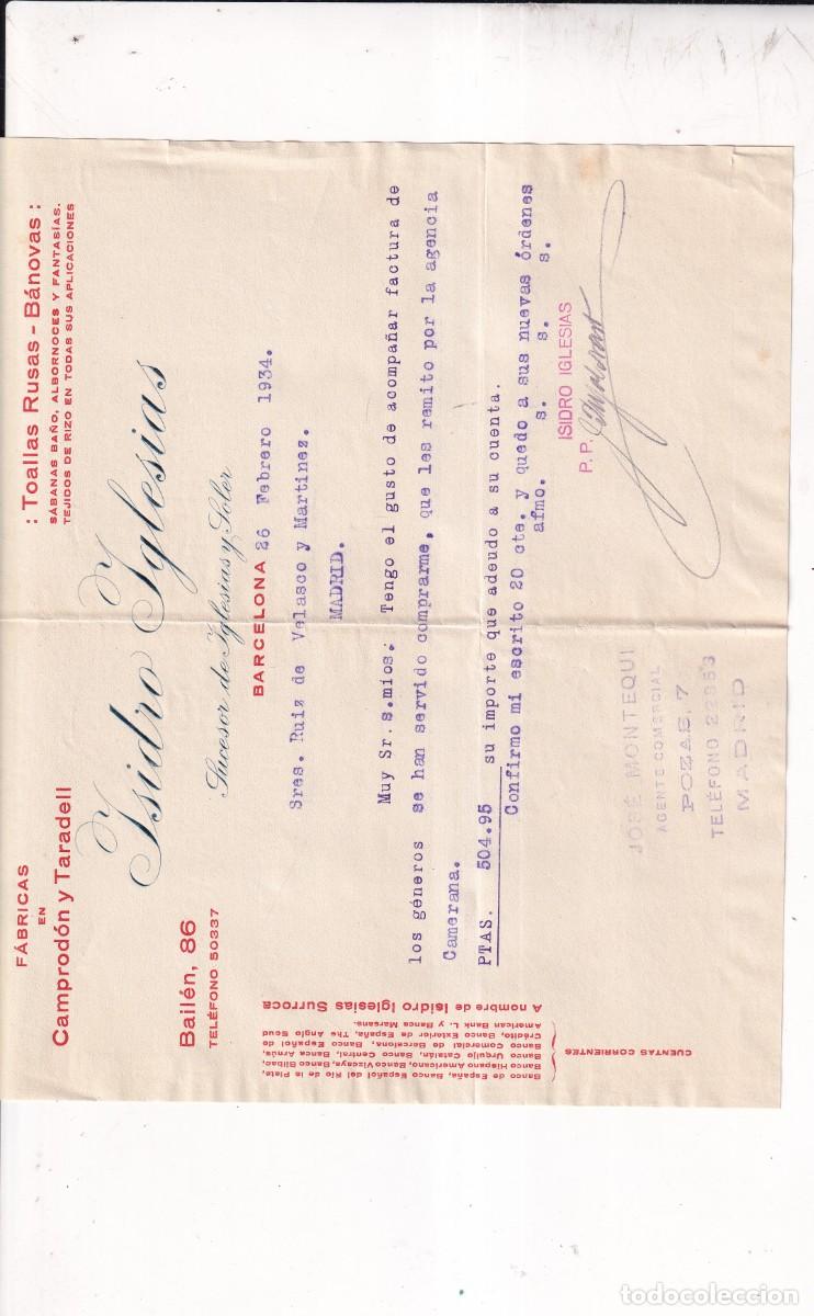 Cartas comerciales: Isidoro Iglesias. Sucesor de Iglesias y Soler. Barcelona. F&aacute;brica en Campodr&oacute;n y taradell. Toallas