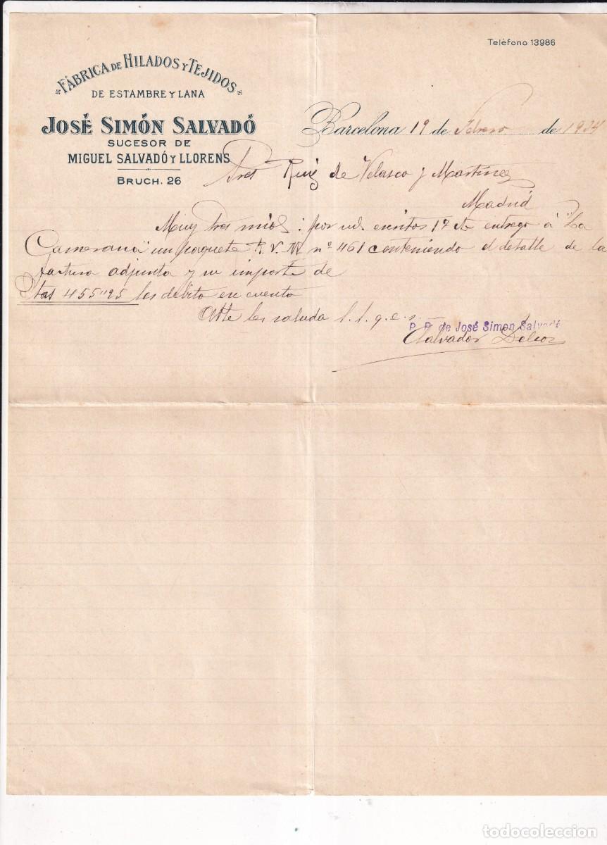Cartas comerciales: F&aacute;brica de hilados y tejidos de estambre y lana. Jos&eacute; Sim&oacute;n Salvad&oacute;. Barcelona. Firma propietario