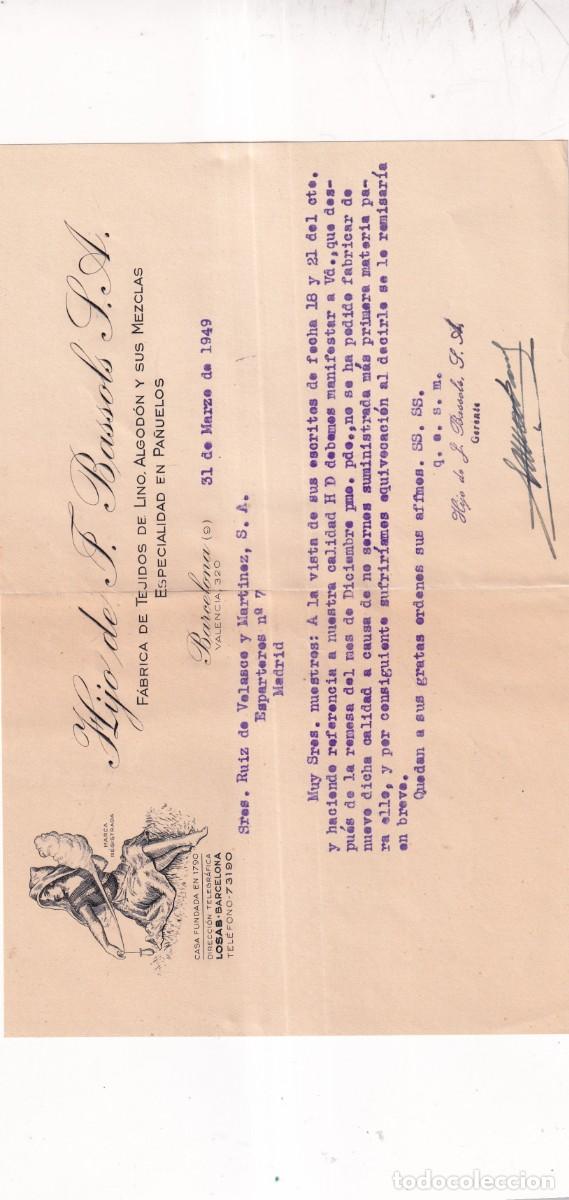 Cartas comerciales: FACTURA - HIJO DE J. BASSOLS S.A. (TEJIDOS, PA&Ntilde;UELOS) - BARCELONA 1949