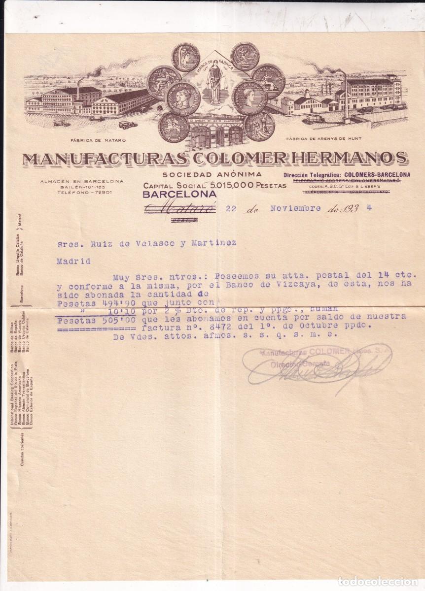 Cartas comerciales: Factura. Manufacturas colomer hermanos. Vista de la f&aacute;brica. F&aacute;brica en Mataro y Arenys de Munt 1934