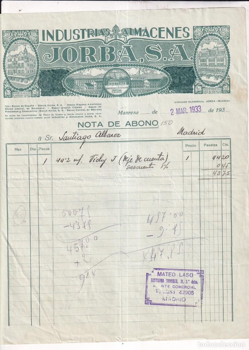 Cartas comerciales: CARTA COMERCIAL DE INDUSTRIAS Y ALMACENES JORBA S.A. EN MANRESA 1933