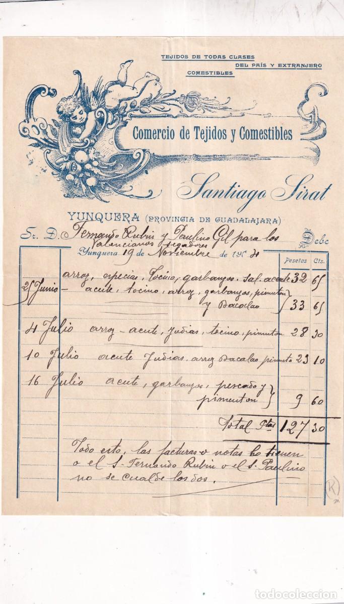Cartas comerciales: Comercio de tejidos y comestibles. Santiago Sirat. Yunquera Guadalajara. 1904
