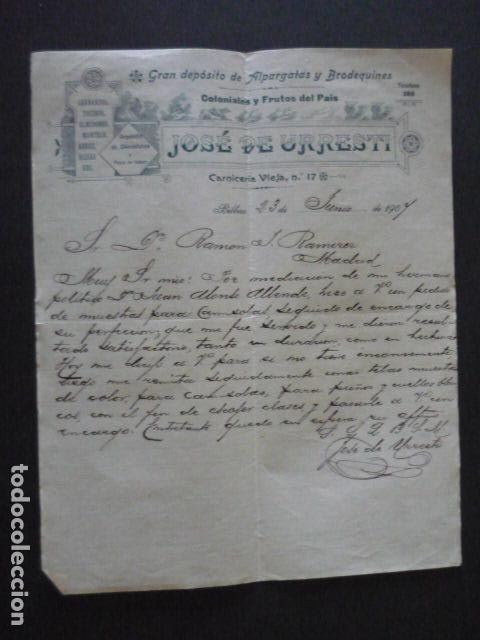 Cartas comerciales: BILBAO COLONIALES Y FRUTOS DEL PAIS JOSE DE URRESTI CARTA COMERCIAL 1907