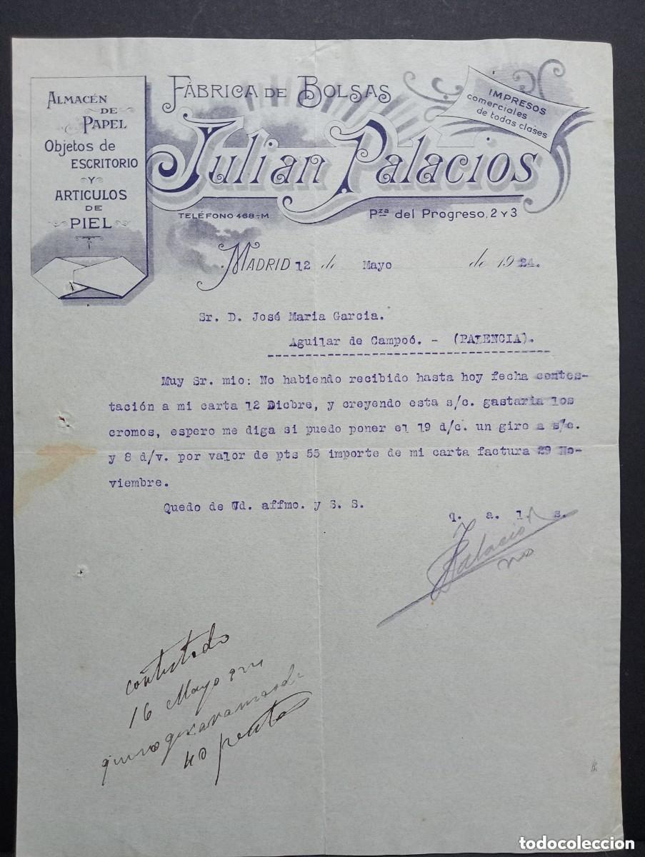 Cartas comerciales: F&Aacute;BRICA DE BOLSAS JULIAN PALACIOS. ANTIGUA CARTA COMERCIAL. MADRID 1924