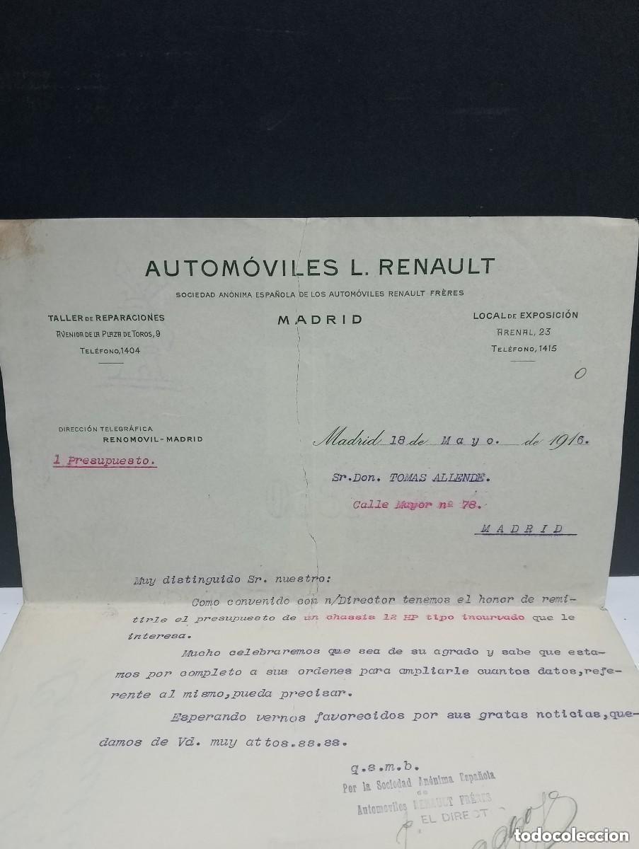 Cartas comerciales: AUTOM&Oacute;VILES L. RENAULT FR&Egrave;RES. MADRID 1916. PRESUPUESTO CHASIS 12 HP TIPO INCURVADO