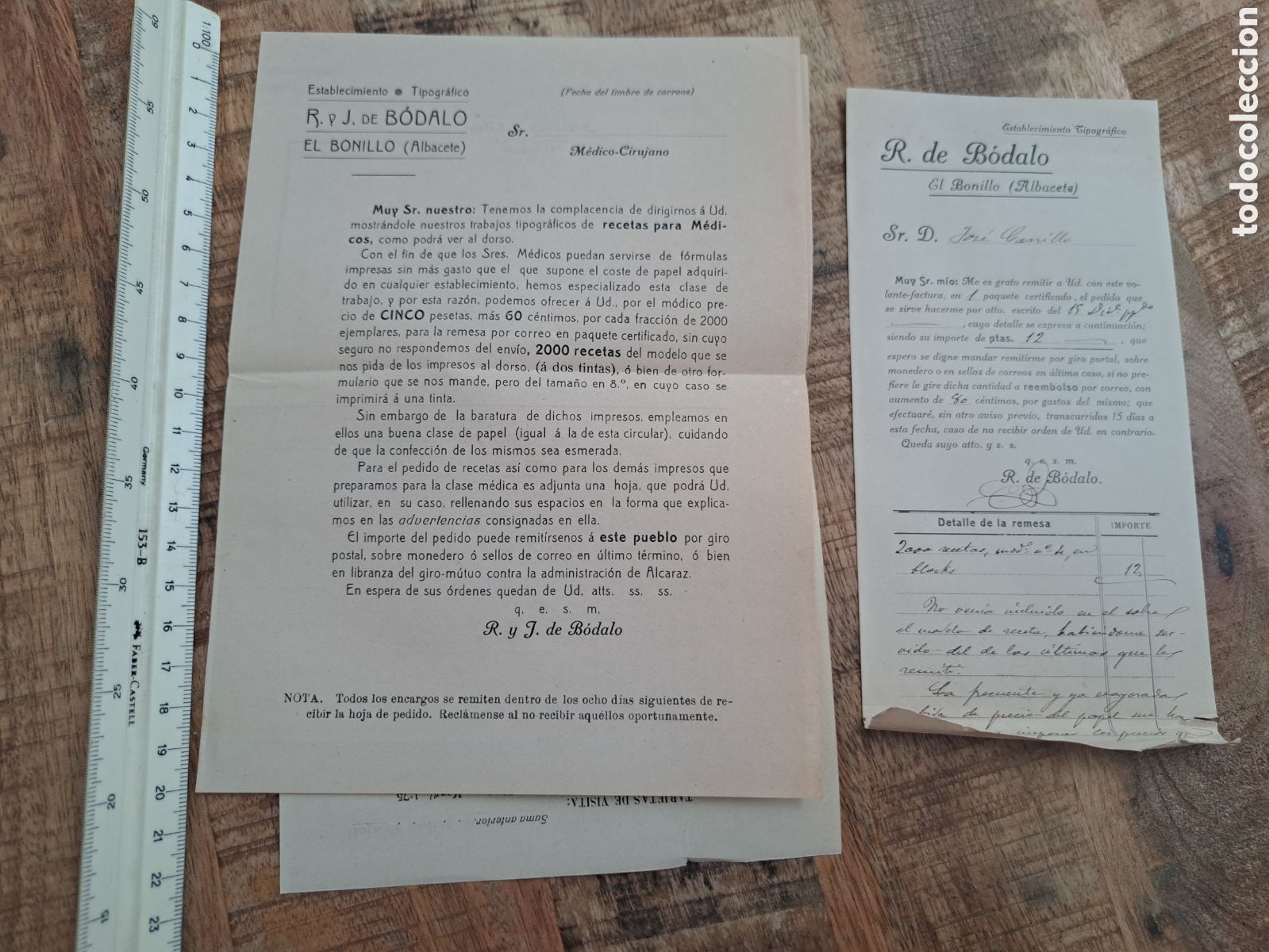Cartas comerciales: Jml Tipografico Pedido Recetas, R. De Bodalo El Bonillo, Albacete, 1919. Raro.
