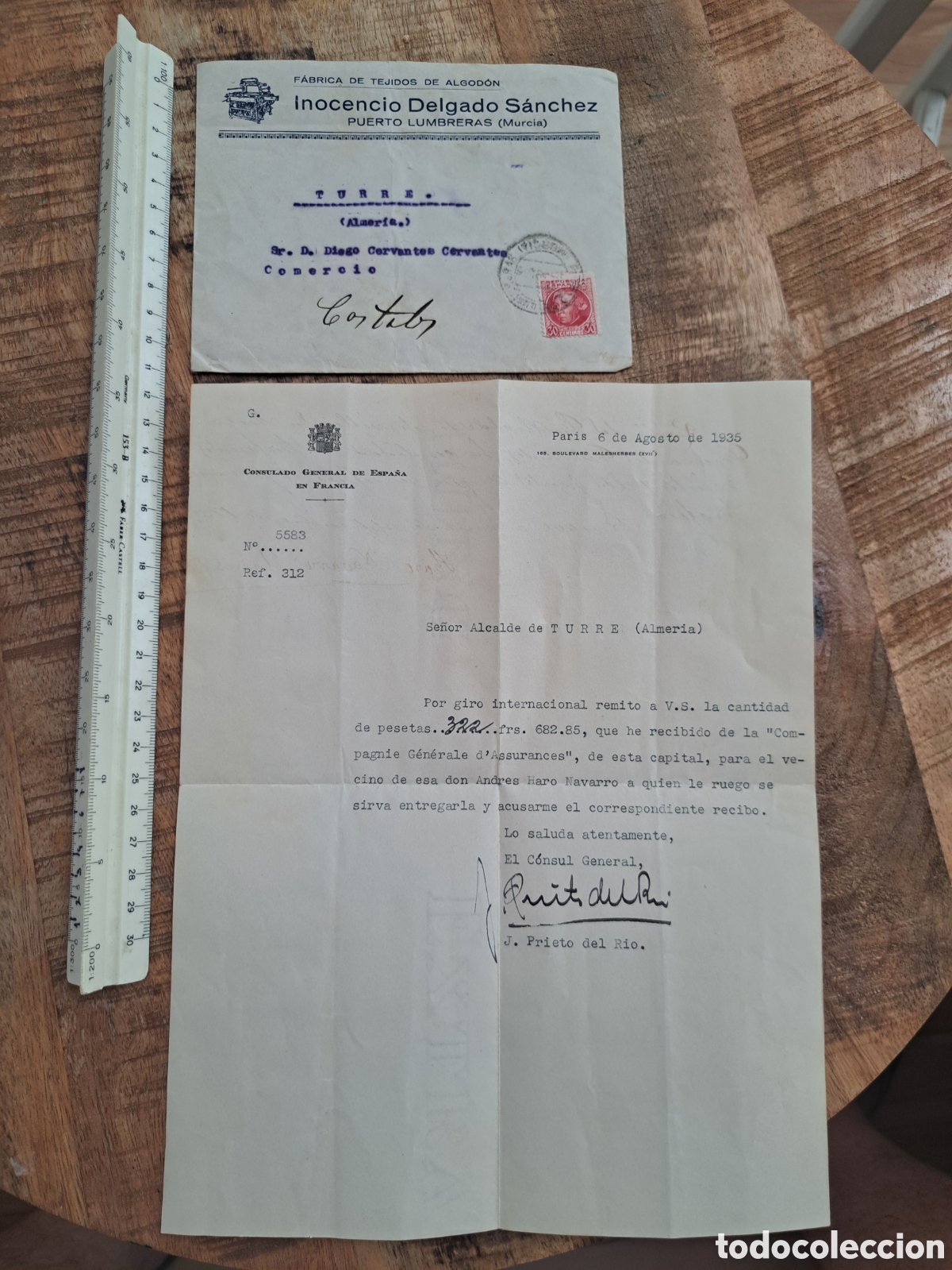 Cartas comerciales: Jml Carta sello correos 30 cts, Consulado Espa&ntilde;a en Francia, Paris 1935 Fabrica Tejidos algodon Murc