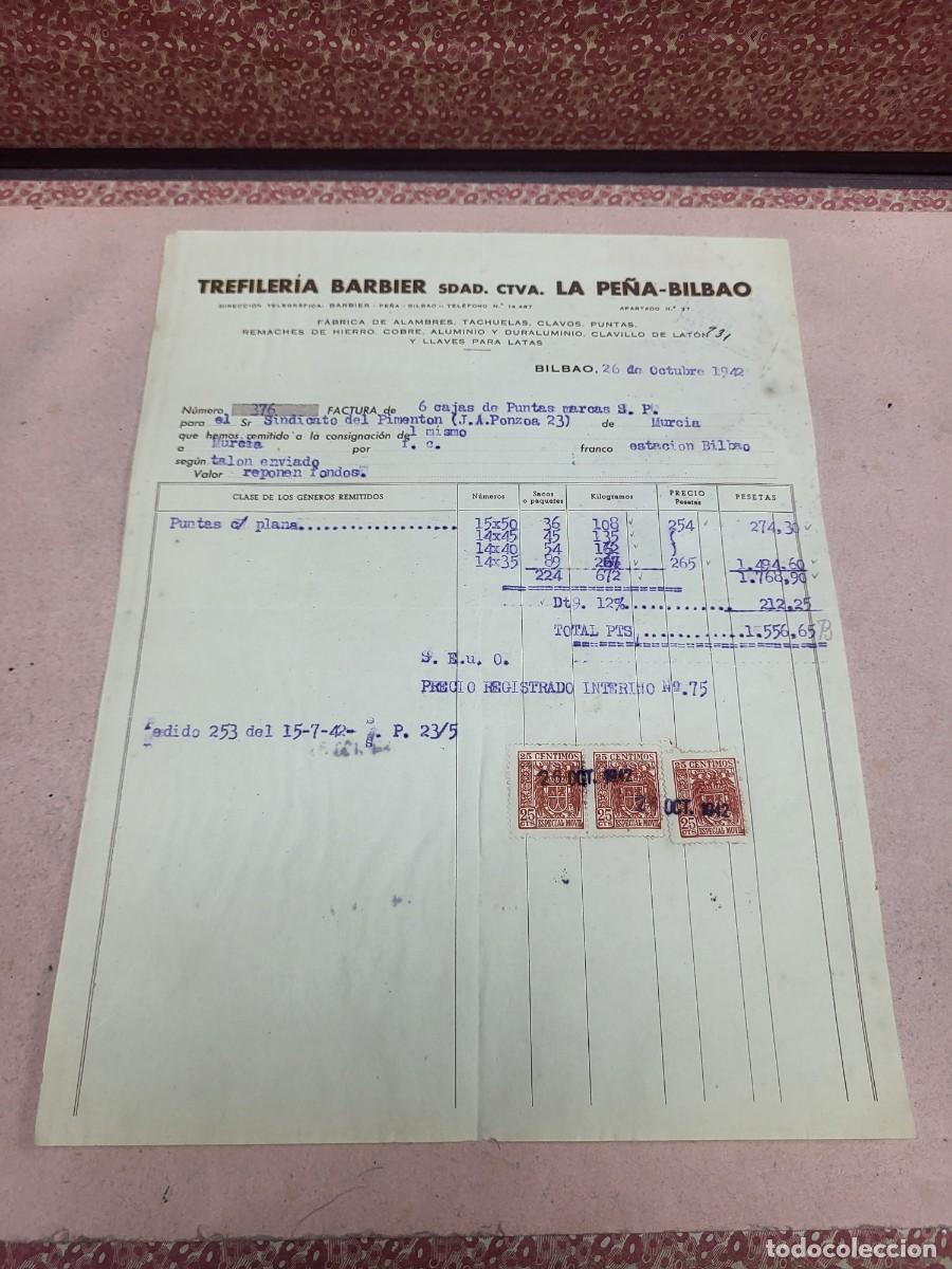 Cartas comerciales: ANTIGUA CARTA COMERCIAL TREFILERIA BARBIER HIERROS LA PE&Ntilde;A BILBAO 1942