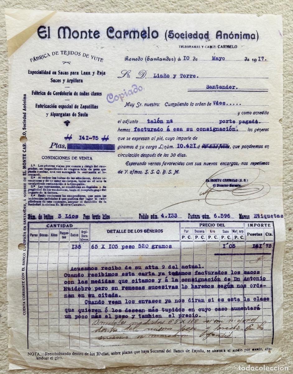 Cartas comerciales: Carta comercial El Monte Carmelo - F&aacute;brica de Tejidos de Yute - Renedo (Santander) - A&ntilde;o 1917