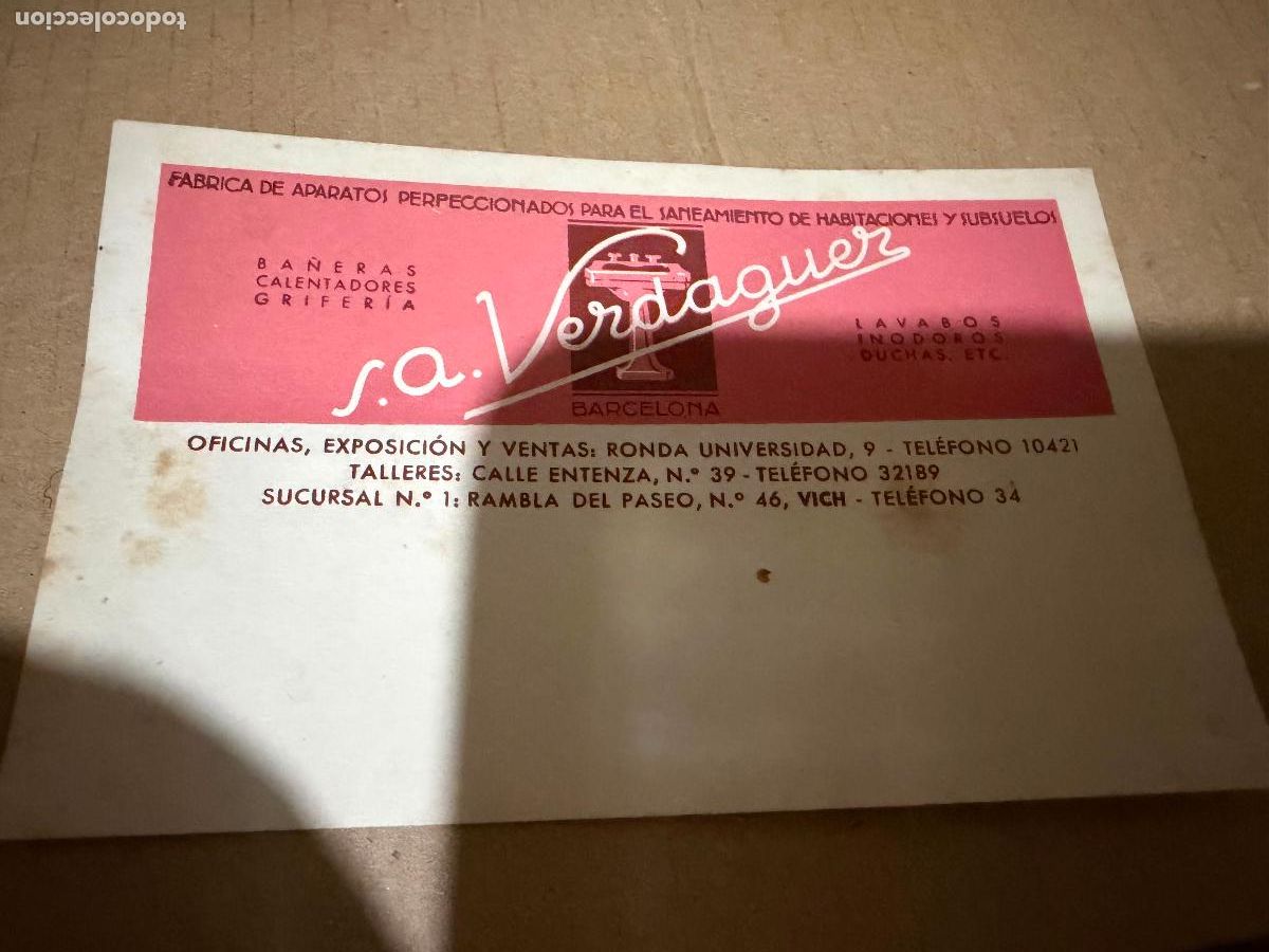 Cartas comerciales: Tarjeta S.a verdaguer ba&ntilde;eras lavabos calentadores a&ntilde;os 20
