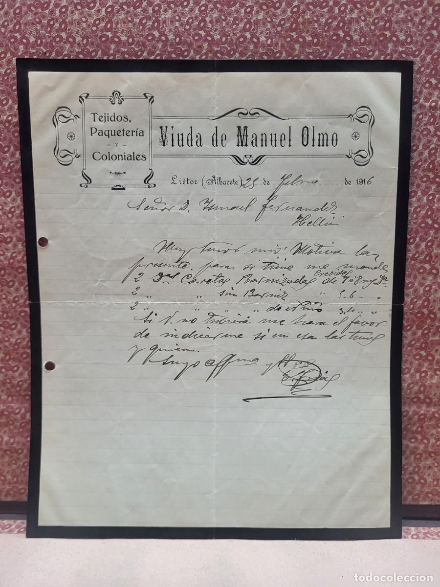 Cartas comerciales: ANTIGUA CARTA COMERCIAL VIUDA DE MANUEL OLMO LIETOR ALBACETE CASTILLA LA MANCHA 1916