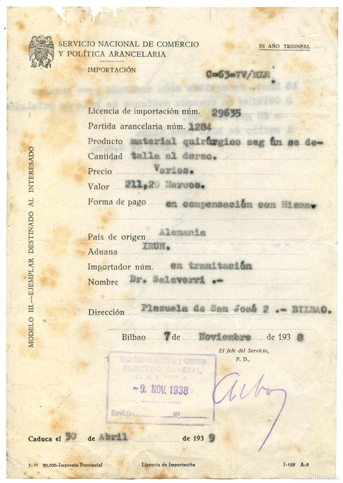 Cartas comerciales: Documentos de importaci&oacute;n de material quir&uacute;rgico desde Alemania, guerra civil, ver fotos