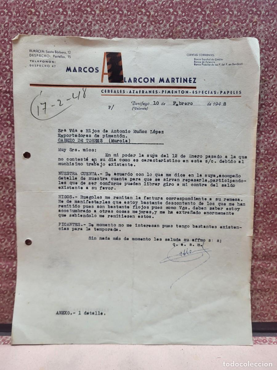 Cartas comerciales: ANTIGUA CARTA COMERCIAL ALARCON BENIFAYO VALENCIA 1948