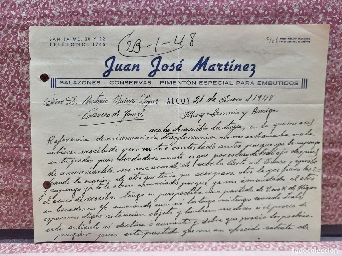 Cartas comerciales: ANTIGUA CARTA COMERCIAL JUAN JOSE MARTINEZ SALZONES CONSERVAS PIMENTON ALICANTE ALCOY 1948