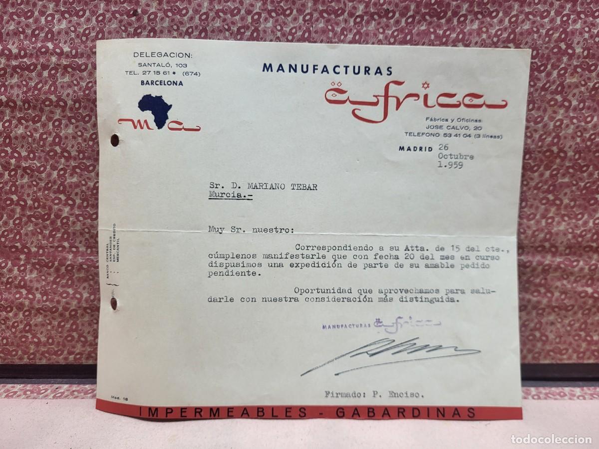 Cartas comerciales: ANTIGUA CARTA COMERCIAL MANUFACTURAS AFRICA MADRID IMPERMEABLES GABARDINAS 1959