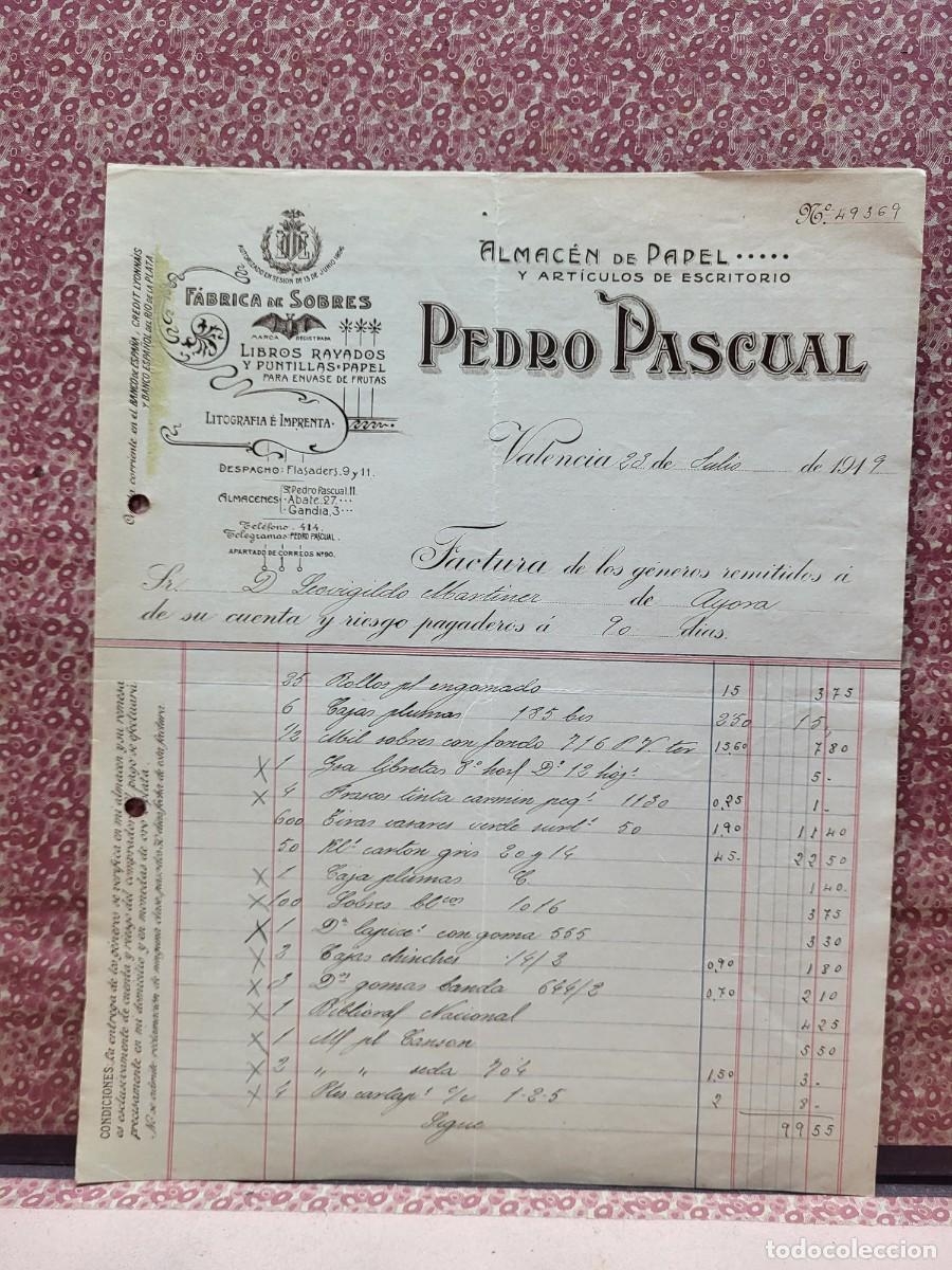 Cartas comerciales: ANTIGUA CARTA COMERCIAL PUBLICIDAD ALMACEN PAPEL PEDRO PASCUAL VALENCIA 1919