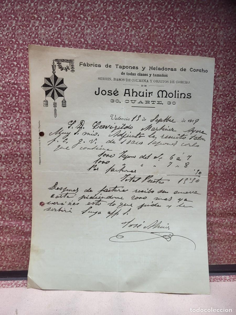 Cartas comerciales: ANTIGUA CARTA COMERCIAL PUBLICIDAD CORCHO AHUIR MOLINS VALENCIA 1919