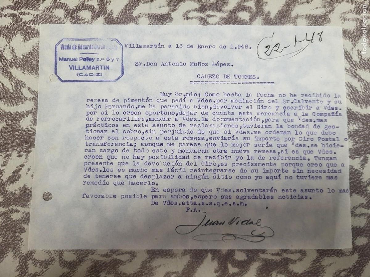 Cartas comerciales: ANTIGUA CARTA COMERCIAL VILLAMARTIN CADIZ 1948