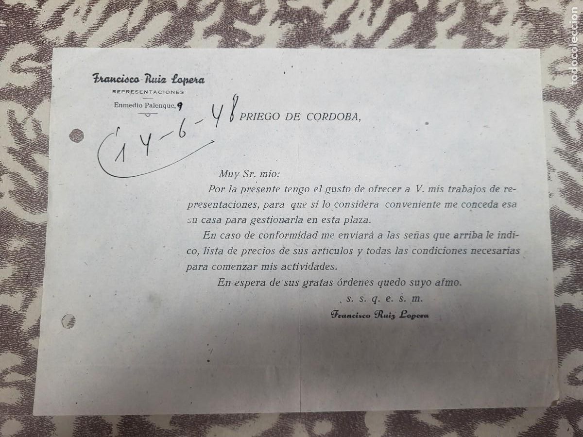 Cartas comerciales: ANTIGUA CARTA COMERCIAL RUIZ LOPERA PRIEGO DE CORDOBA 1948