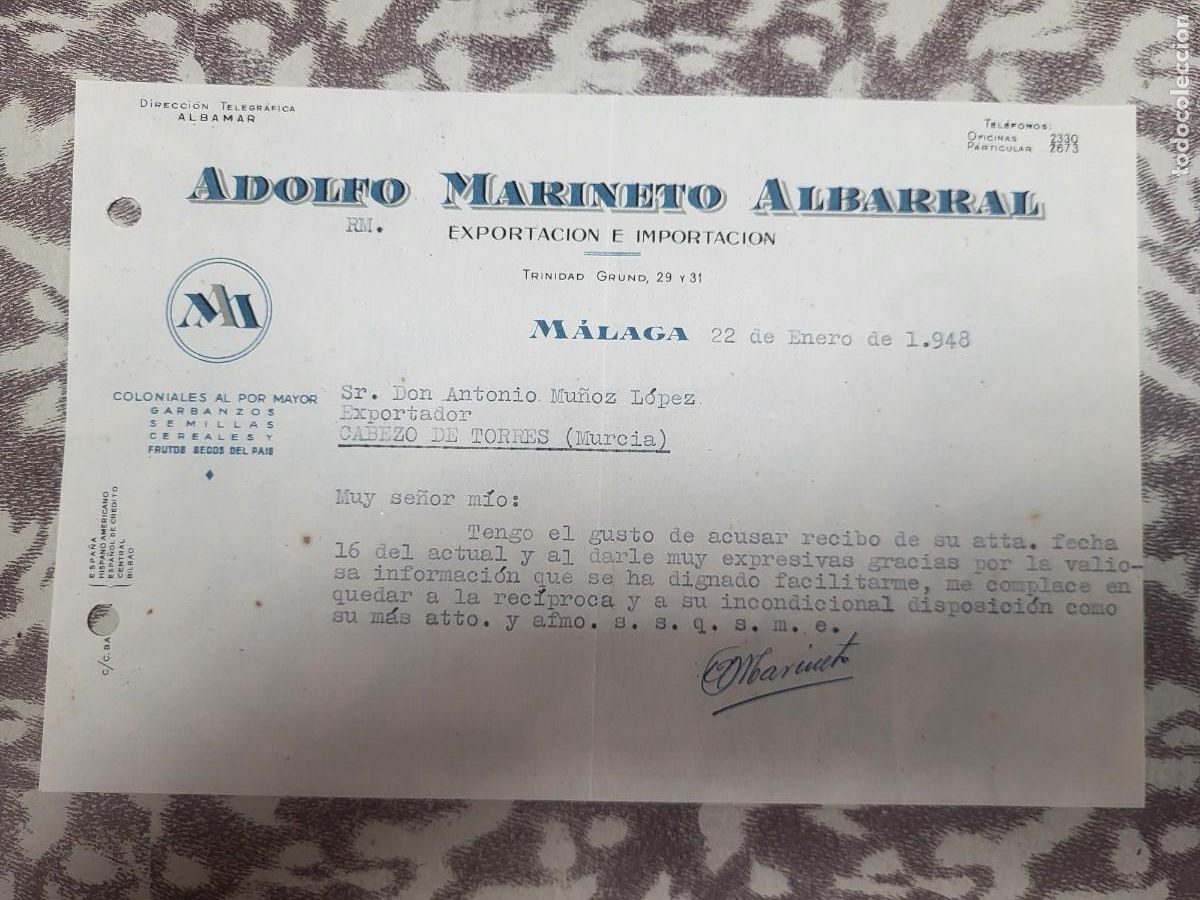 Cartas comerciales: ANTIGUA CARTA COMERCIAL MARINETO ALBARRAL MALAGA 1948