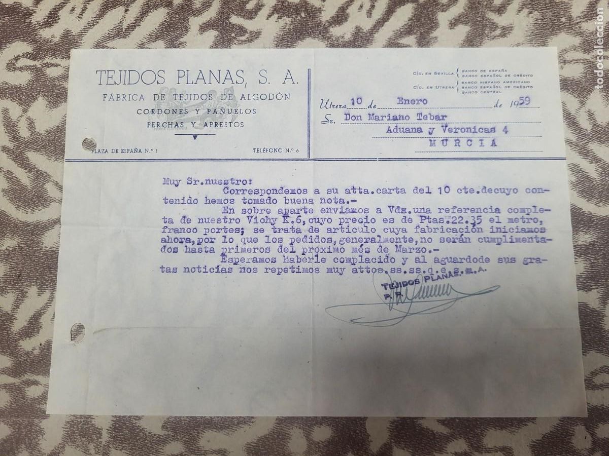 Cartas comerciales: ANTIGUA CARTA COMERCIAL TEJIDOS PLANAS UTRERA SEVILLA 1959