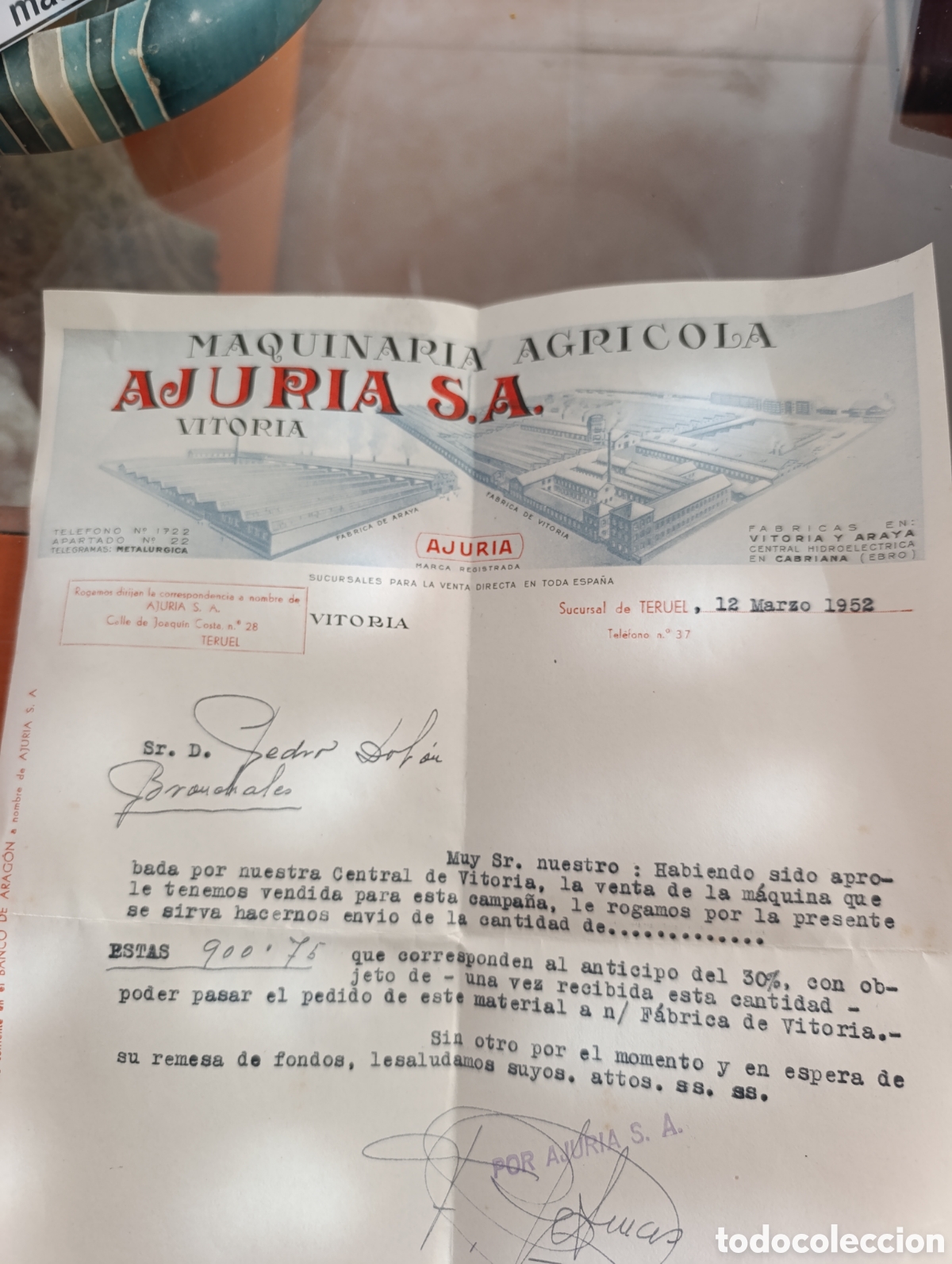 Cartas comerciales: Carta comercial antigua 1952 de Ajuria S.A., maquinaria agr&iacute;cola,Vitoria,