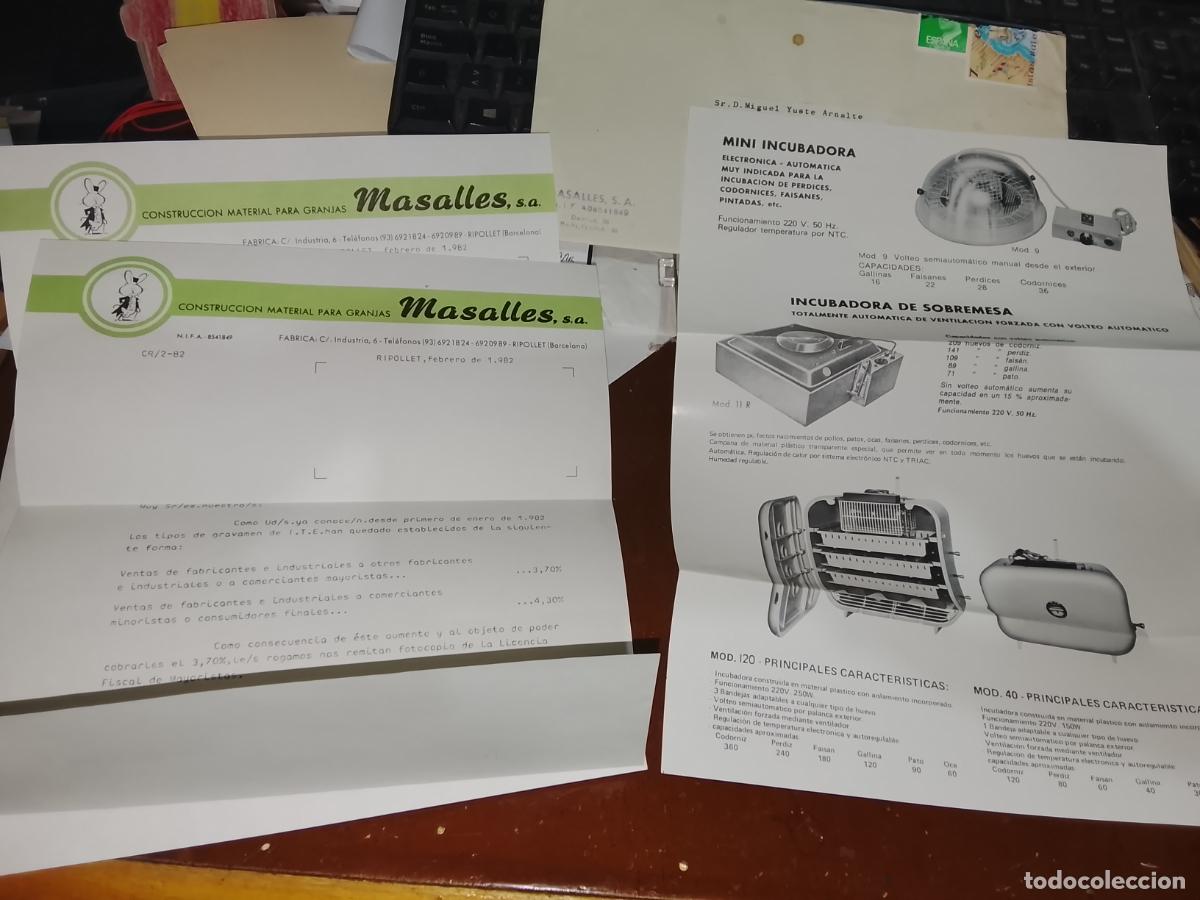 Cartas comerciales: Lote Masalles, S.A. 1982: 3 Cartas/Cat&aacute;logos Incubadoras y Material de Granja + Sobre Original