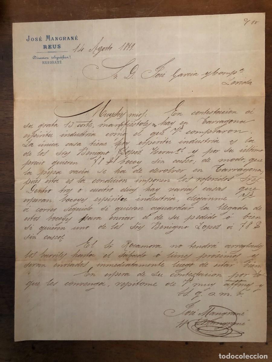 Cartas comerciales: CARTA COMERCIAL JOS&Eacute; MASGRAN&Eacute; REUS, 14 DE AGOSTO DE 1879