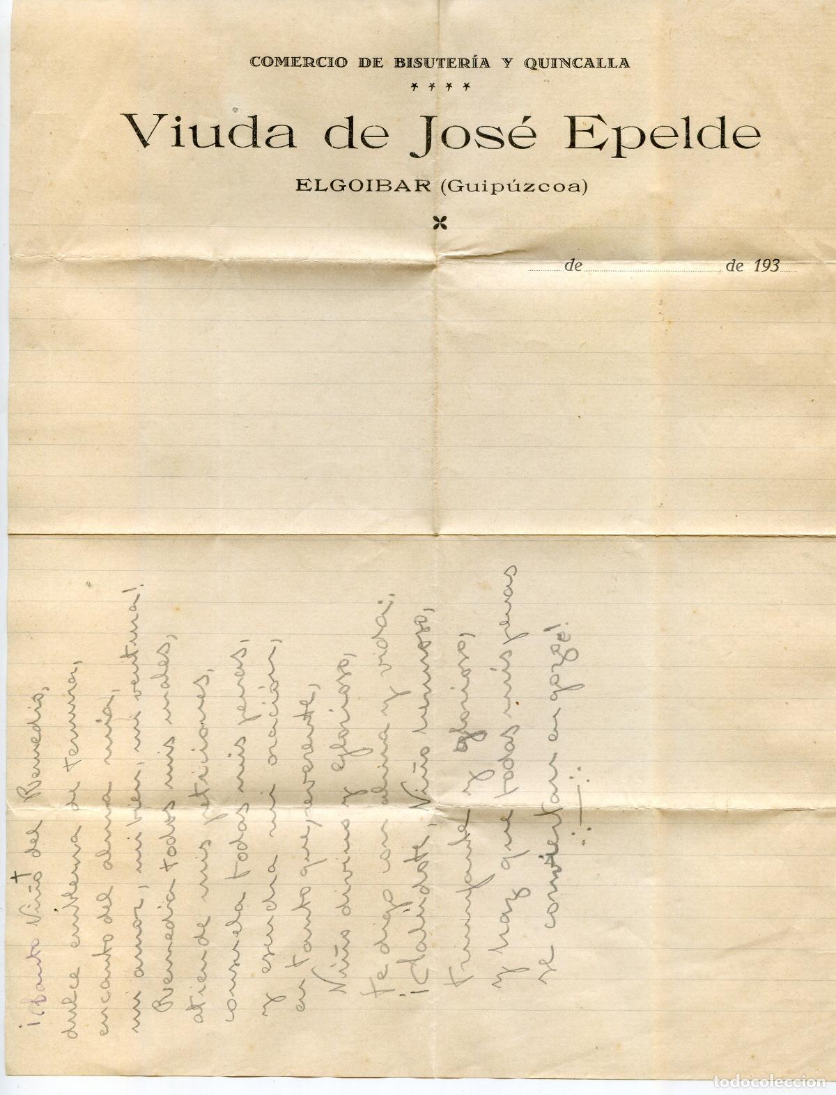 Cartas comerciales: Carta comercial Viuda de Jos&eacute; Epelde, comercio de bisuter&iacute;a y quincalla, Elgoibar, Guip&uacute;zcoa 1930