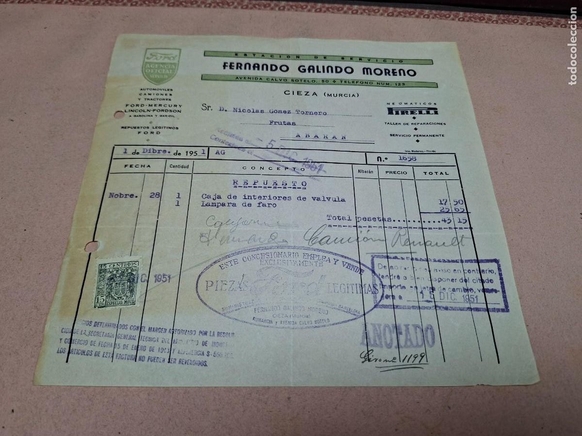 Cartas comerciales: ANTIGUA CARTA COMERCIAL ESTACION SERVICIO GALINDO CIEZA MURCIA 1951
