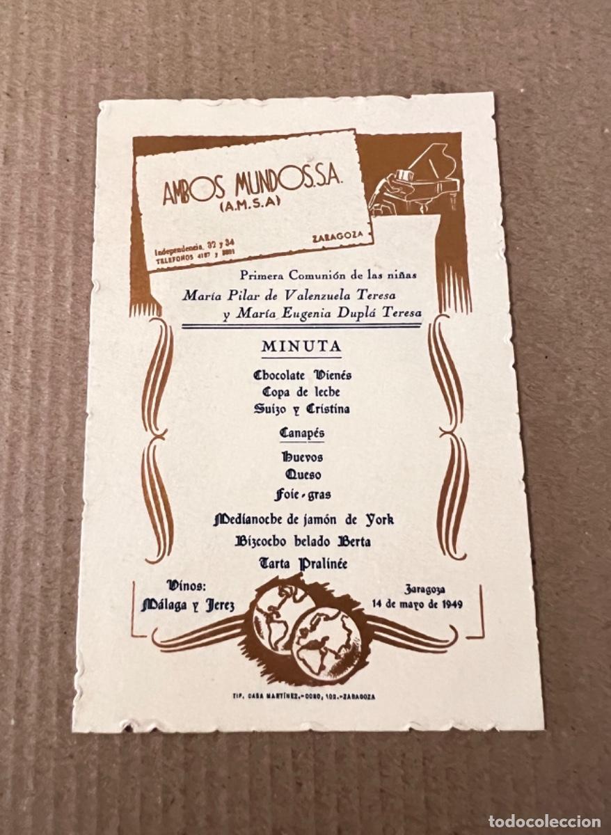 Cartas comerciales: Carta men&uacute; primera comuni&oacute;n RESTAURANTE AMBOS MUNDOS SA ZARAGOZA 1949