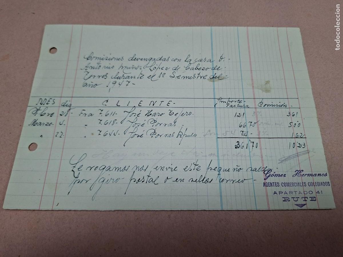 Cartas comerciales: ANTIGUA CARTA COMERCIAL GOMEZ HERMANOS RUTE CORDOBA 1947