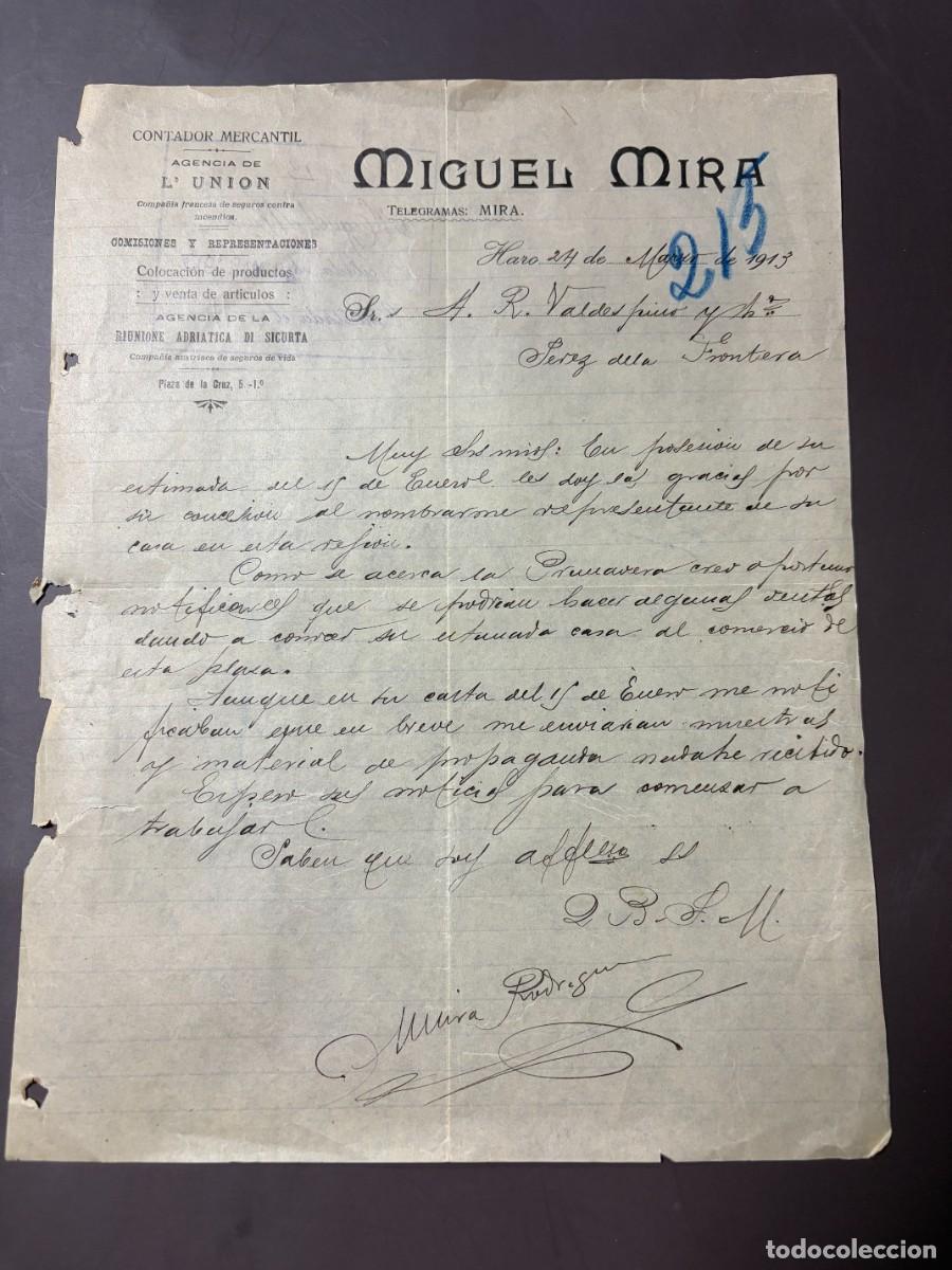 Cartas comerciales: CARTA COMERCIAL. MIGUEL MIRA. CONTADOR MERCANTIL. AGENCIA DE L'UNION. HARO - LA RIOJA, 1913