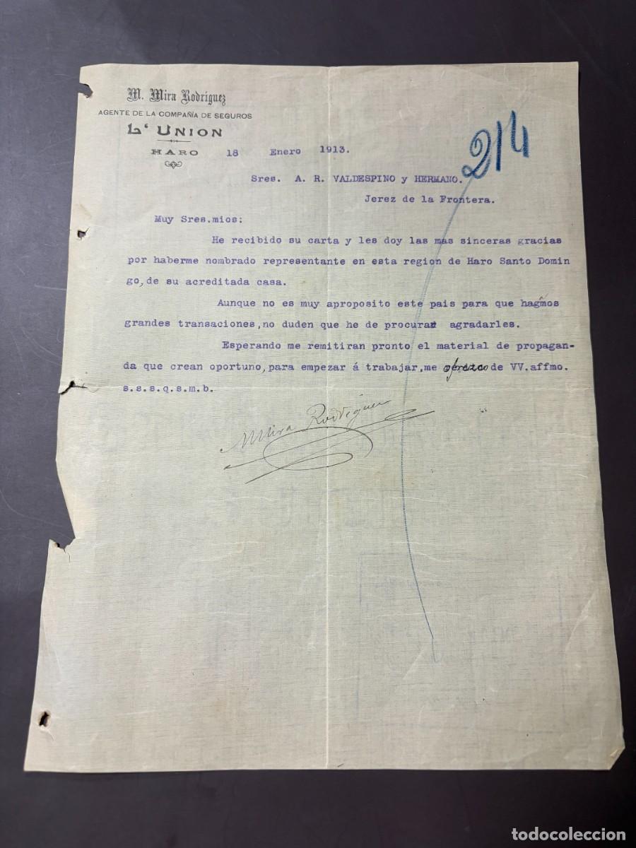 Cartas comerciales: CARTA COMERCIAL. M. MIRA RODRIGUEZ. AGENTE DE LA COMPA&Ntilde;IA DE SEGUROS L'UNION. HARO - LA RIOJA, 1913