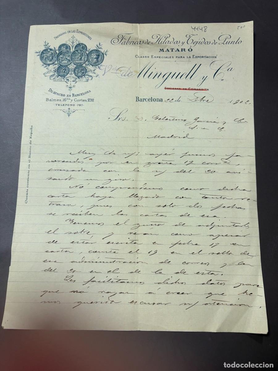Cartas comerciales: CARTA COMERCIAL. VDA. DE MINGUELL Y CIA. F&Aacute;BRICAS HILADOS Y TEJIDOS DE PUNTO. BARCELONA, 1902